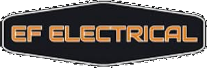 EF Electrical logo, orange lettering on a black hexagon badge